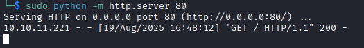 Command output showing the connection from the victim's machine